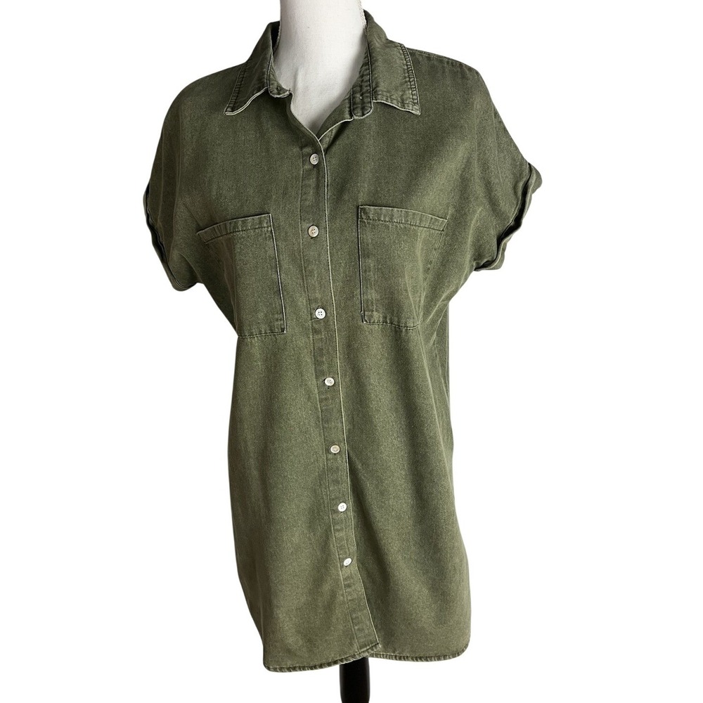 ZILCREMO Button Front Tunic‎ Shirt Dress Women's Size L Green Chambray